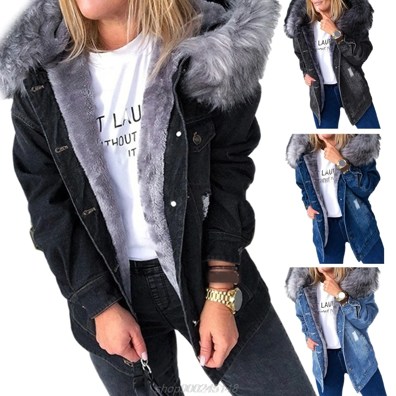 

Women Winter Warm Fluffy Collar Hooded Denim Jacket Plush Lined Warm Long Sleeve Jean Coat Button Down Outerwear M03 21 Dropship