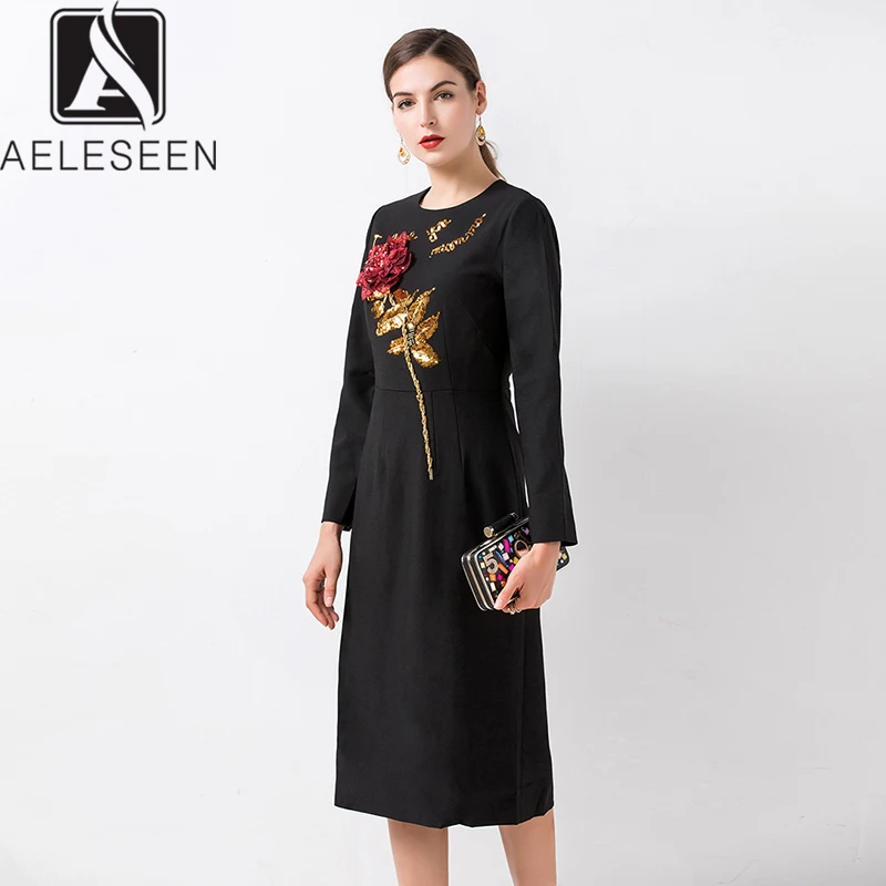 AELESEEN Роскошные расшитые блестками повседневные Черные платья для женщин Европейский офисный леди носить осень элегантный розовый узор миди платье