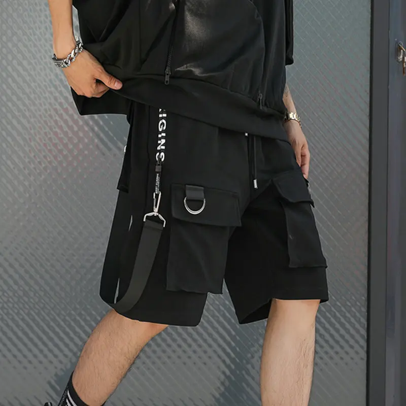 

Hip Hop Summer Shorts Men 2020 Black Ribbons Streetwear Bermuda Man Shorts Multi-pocket Punk Casual Knee Length Short Pants Men