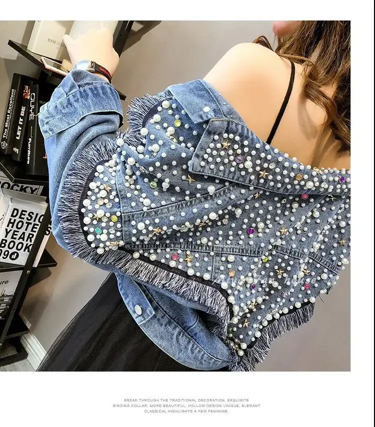 

Chic Beaded Diamonds Blue Jean Jacket Fringed Loose Single-breasted Pearls Bomber Coat Long-sleeved Cardigan Streetwear Tops