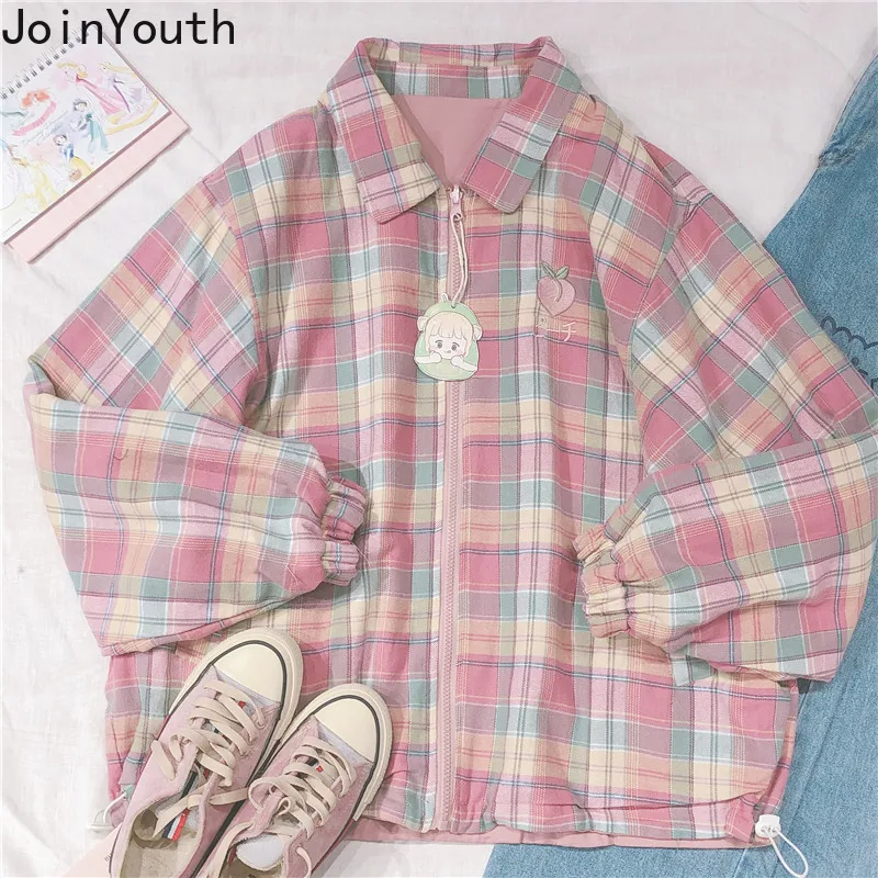 Joinyouth японский плед розовое пальто оверсайз Радуга Бомбер куртка 2020 осень