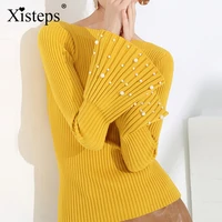 xisteps thick flare long sleeve beading slash neck sweater pullover for women slim 2020 spring winter jumper female streetwear