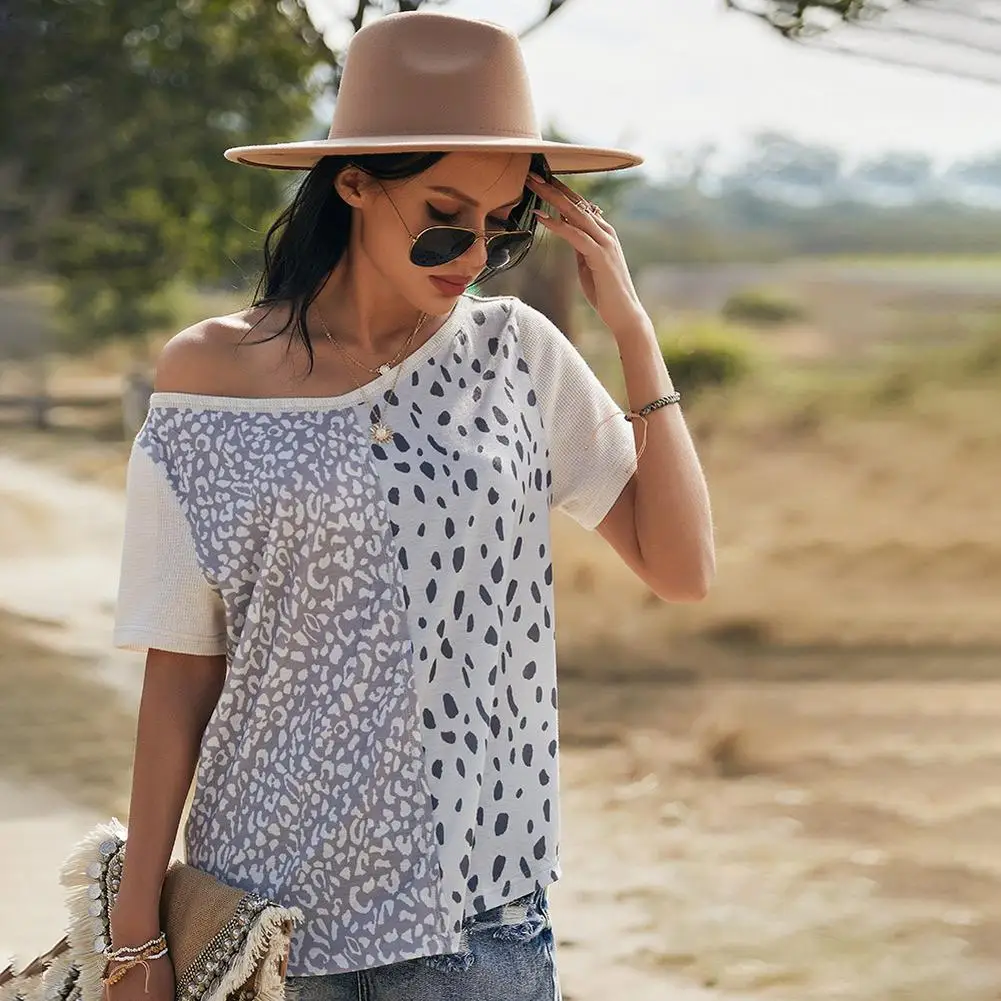 

GREYGEM Short Sleeve Tees Leopard Patchwork T Shirts Loose Tops for Summer Casial Women's Pullover Clothing
