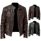 Мужская мотоциклетная куртка с воротником-стойкой, осенне-зимнее пальто из искусственной кожи, ветрозащитное теплое пальто на молнии