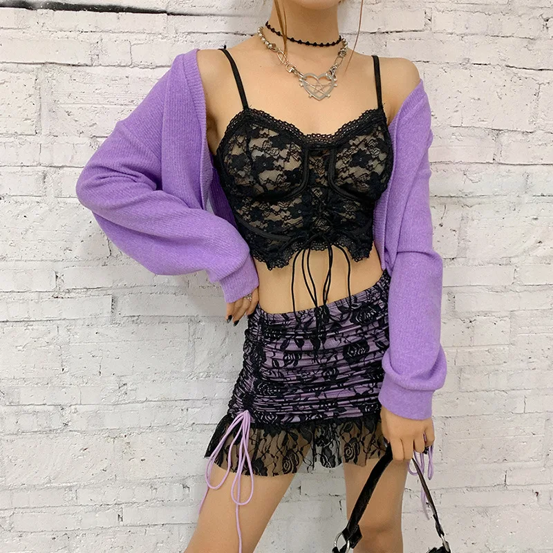 

European and American style 2021 spring new women's wear sexy lace slim sling versatile cut-out strap vest for women