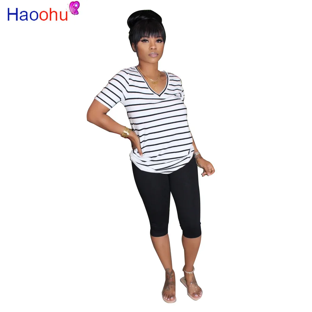 

HAOOHU 2020 Summer Women Two Pieces Sets Tracksuits Striped Print Tops Shorts Suit Sporty Fitness Night Club 2 Pcs Outfit
