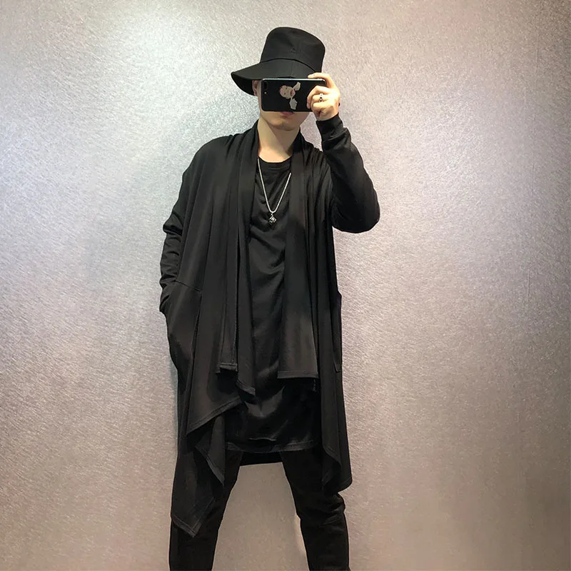 Мужская длинная куртка в стиле хип-хоп, черная свободная модная уличная ветровка неравномерного дизайна, осень