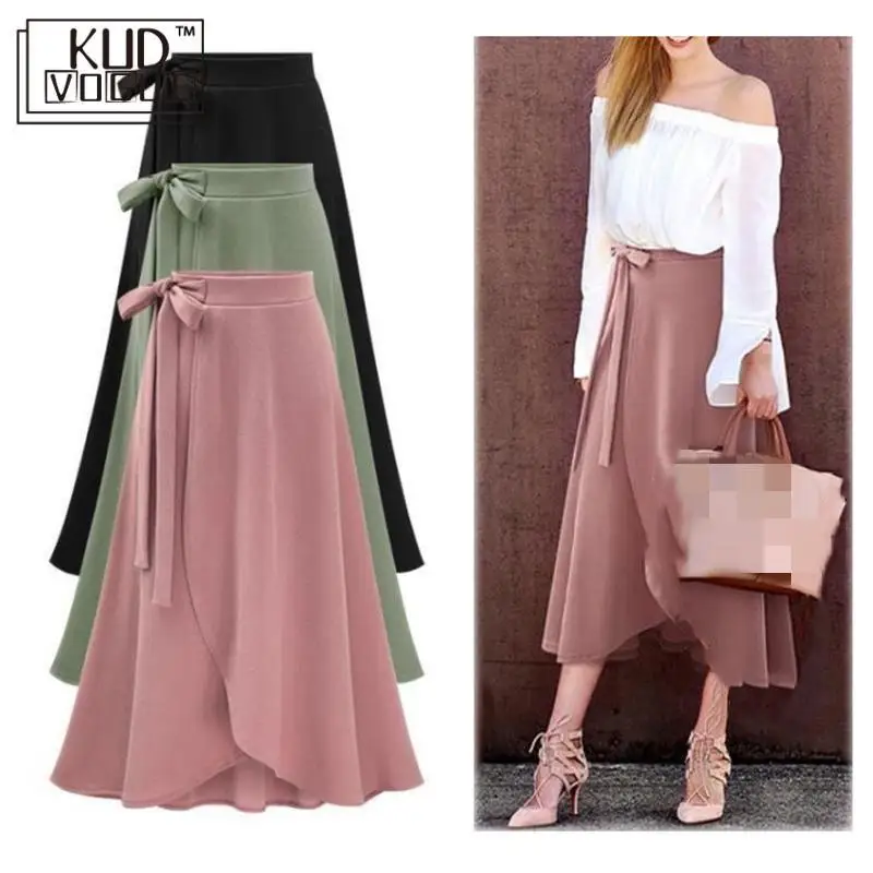 Длинная шифоновая Женская юбочка с высокой талией и розовыми оборками офисная