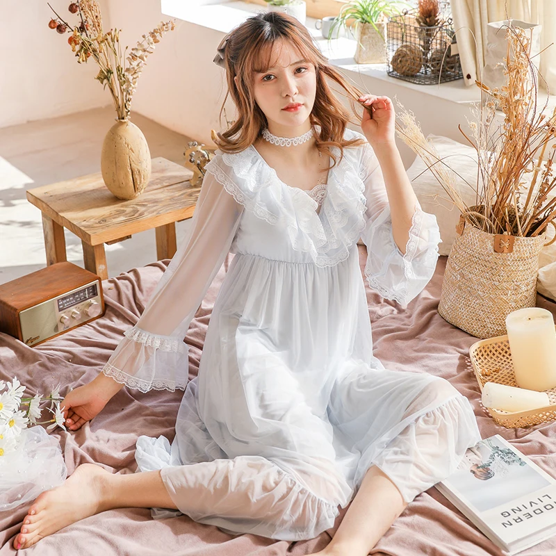 

Fairy Nightdress with Chest Pad Long V-neck Retro Royal Sweet Nightgown Sexy Mesh Lace Sleeping Dress 4 Colors Nighty Summer New
