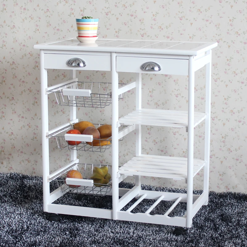 

Storage Rack Utility Rolling Trolley Wheels Kitchen Dining Room Cart 2-Drawer 3-Basket 3-Shelf White Display Stand Shelf Holder