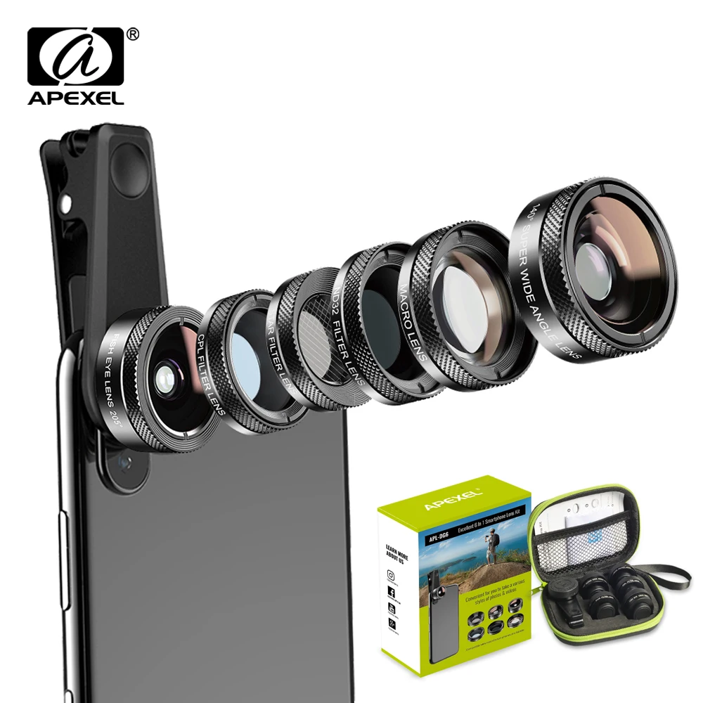 

Объектив APEXEL 6 в 1 для камеры телефона объектив «рыбий глаз» широкоугольный макрообъектив CPL Звездный фильтр ND32 Fliter для Samsung Huawei смартфонов