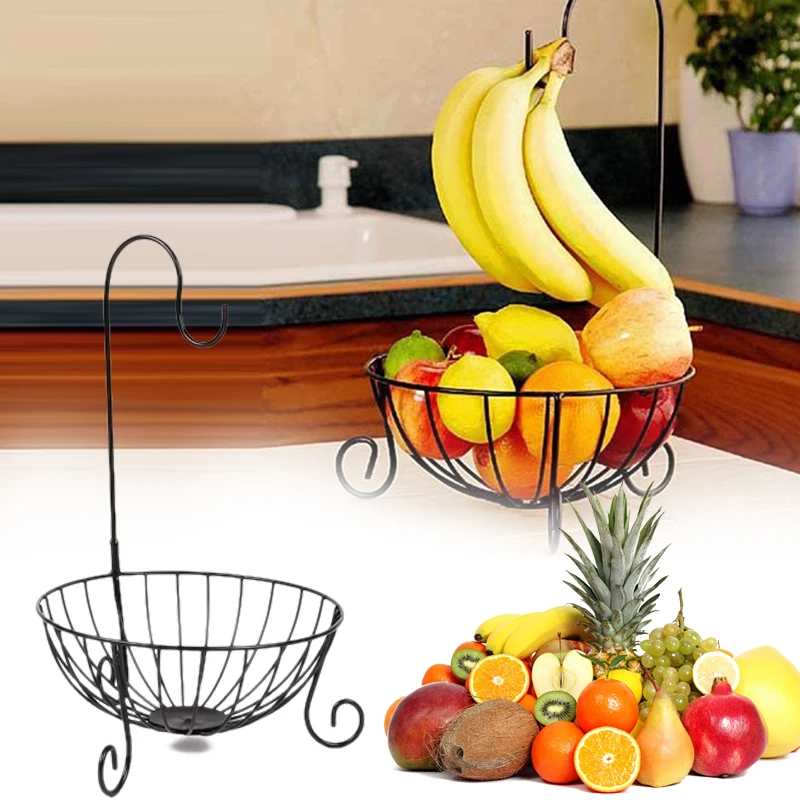 Practical Metal Fruit Basket Detachable Banana Hanger Storage Organizer 2 in 1 Hook Tree With Bowl Stand | Дом и сад