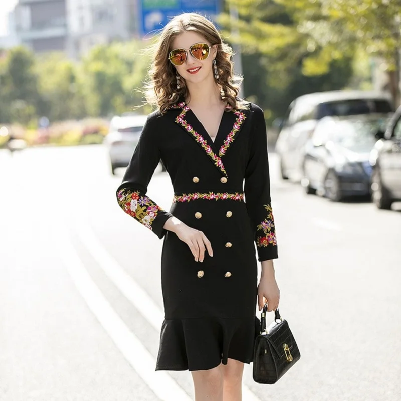 

Superior 2021 new quality Spring vintage dress office lady Women's Europe embroidery Fishtail Dress autumn Flower sexy dresses