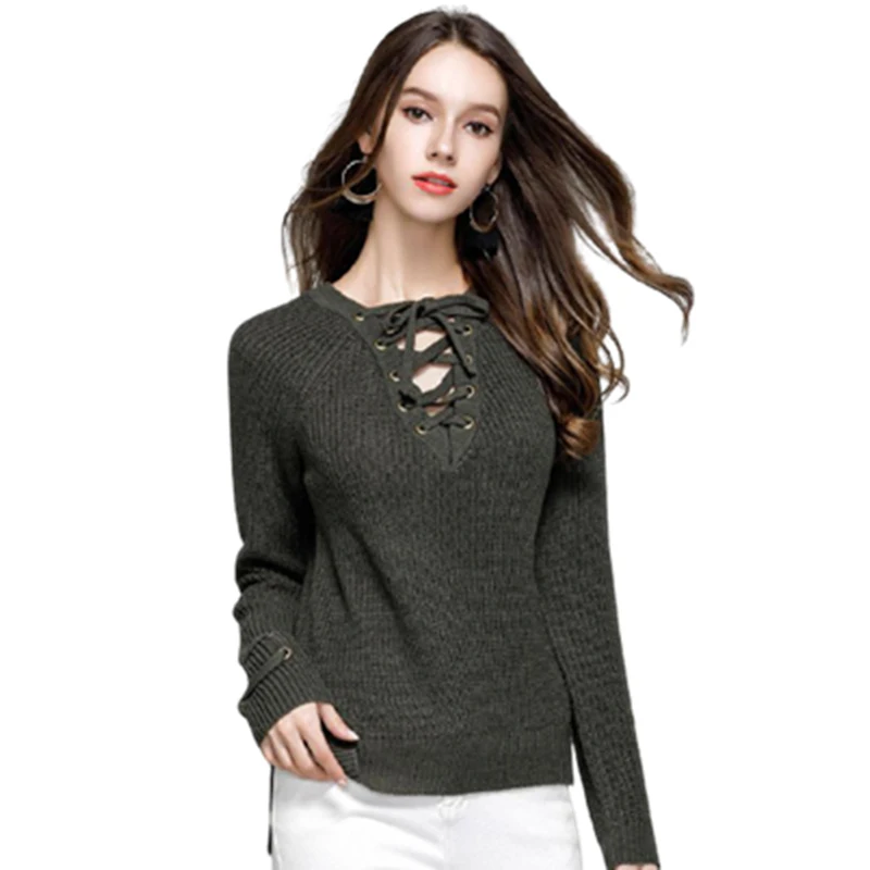 Женский трикотажный пуловер с V-образным вырезом и длинным рукавом |