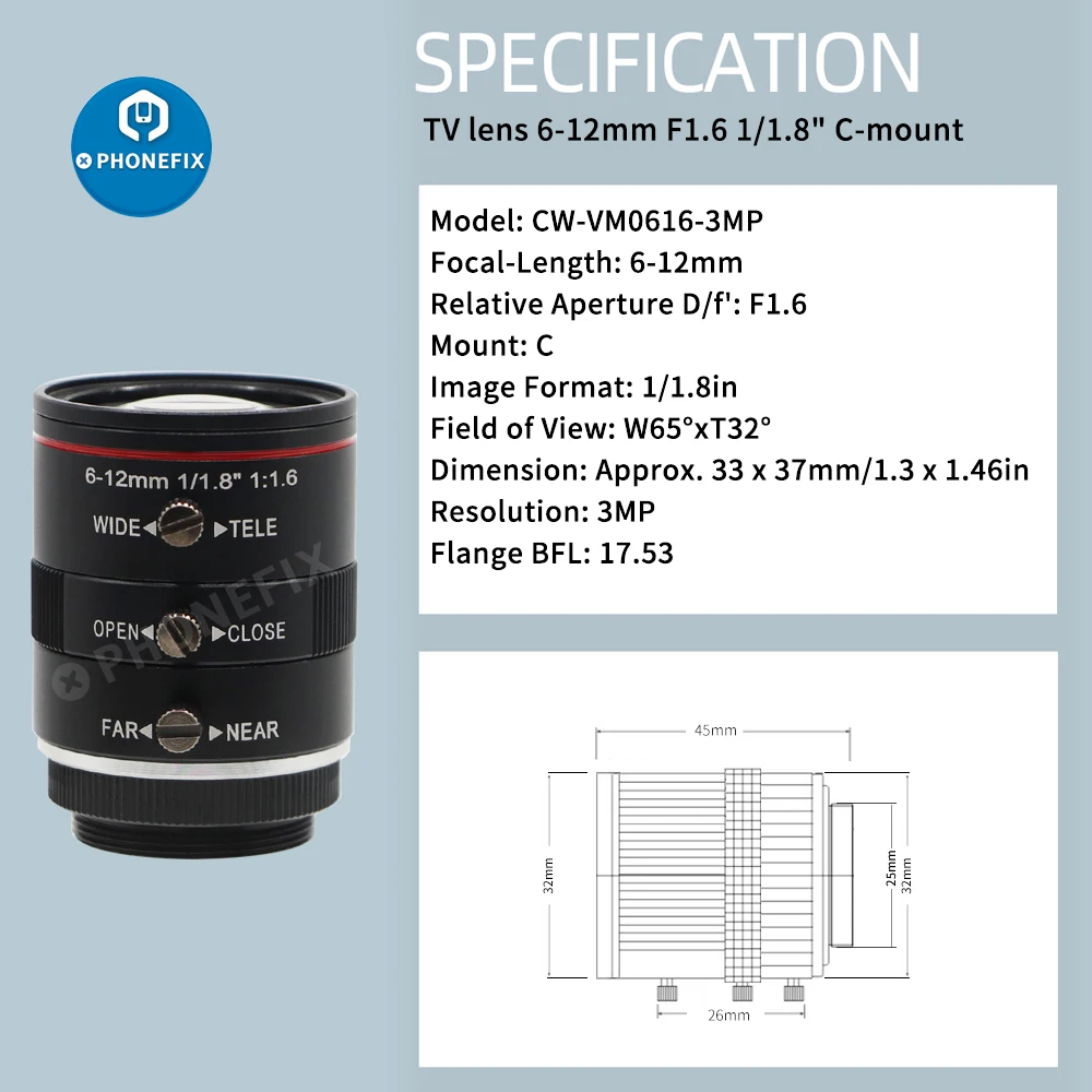 

3MP C-mount lens for industrial camera, CCTV Lens 6mm-12mm Varifocal C Mount 1/1.8 inch Aperture F1.6 for machine vision Cameras