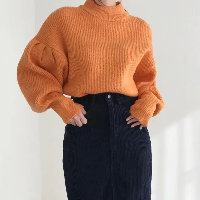 

HziriP OL Elegant O-neck Solid Soft Puff Sleeve Sweater Tops New Autumn Winter Long Sleeve Warm Female Pullovers Women Sweaters