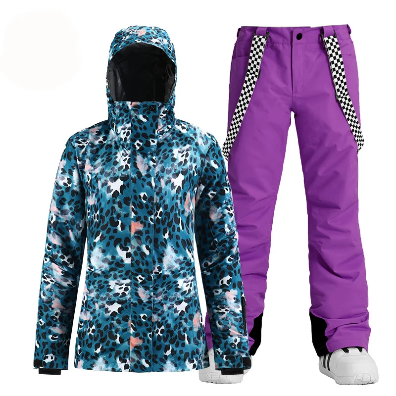 -30 Blue Leopard Women's Snow Suit Wear Outdoor Sports Ski Costumes Waterproof Snowboard Clothing Sets Jacket + Strap Pant Girl | Спорт и