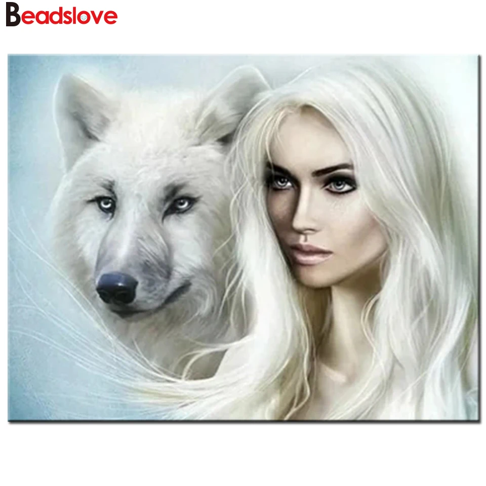 

white wolf and woman 5d diy diamond painting full,square,round diamond embroidery art diamond mosaic animal & portrait,home art