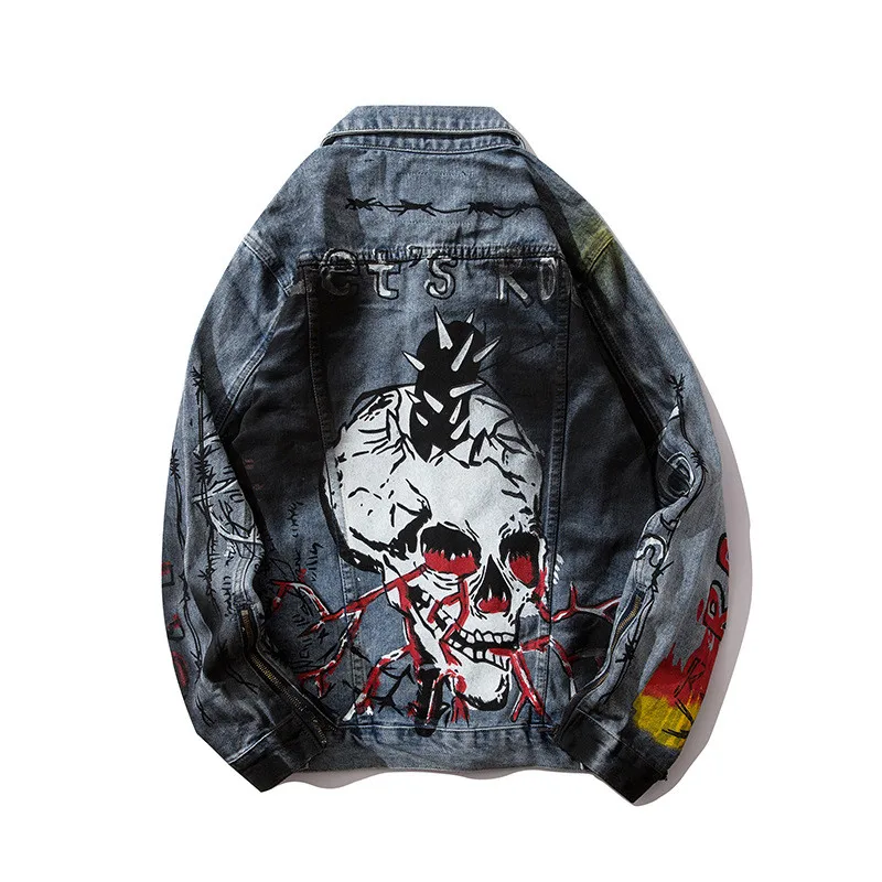 Джинсовая куртка KIMSERE мужская с принтом черепа модная уличная одежда в стиле хип