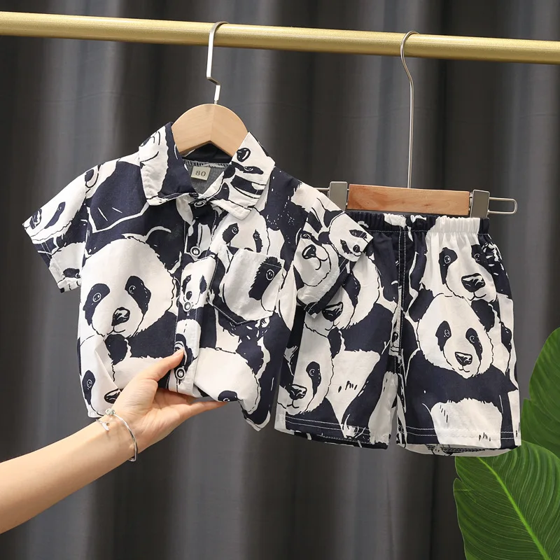 Full Print Panda Shirts and Shorts Children Outwear Summer Sets Kids Clothes Top Pants Girls Boys Baby Suit Cotton Fabric 2PCS