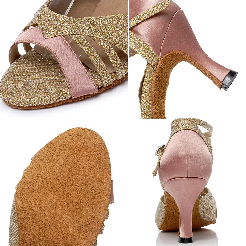 

Women Latin Dance Shoes Gold Glitter Salsa Dance Shoes Ballroom Dancing Shoes For Woman Soft Cuban Heels 7.5cm Ladies Sandals