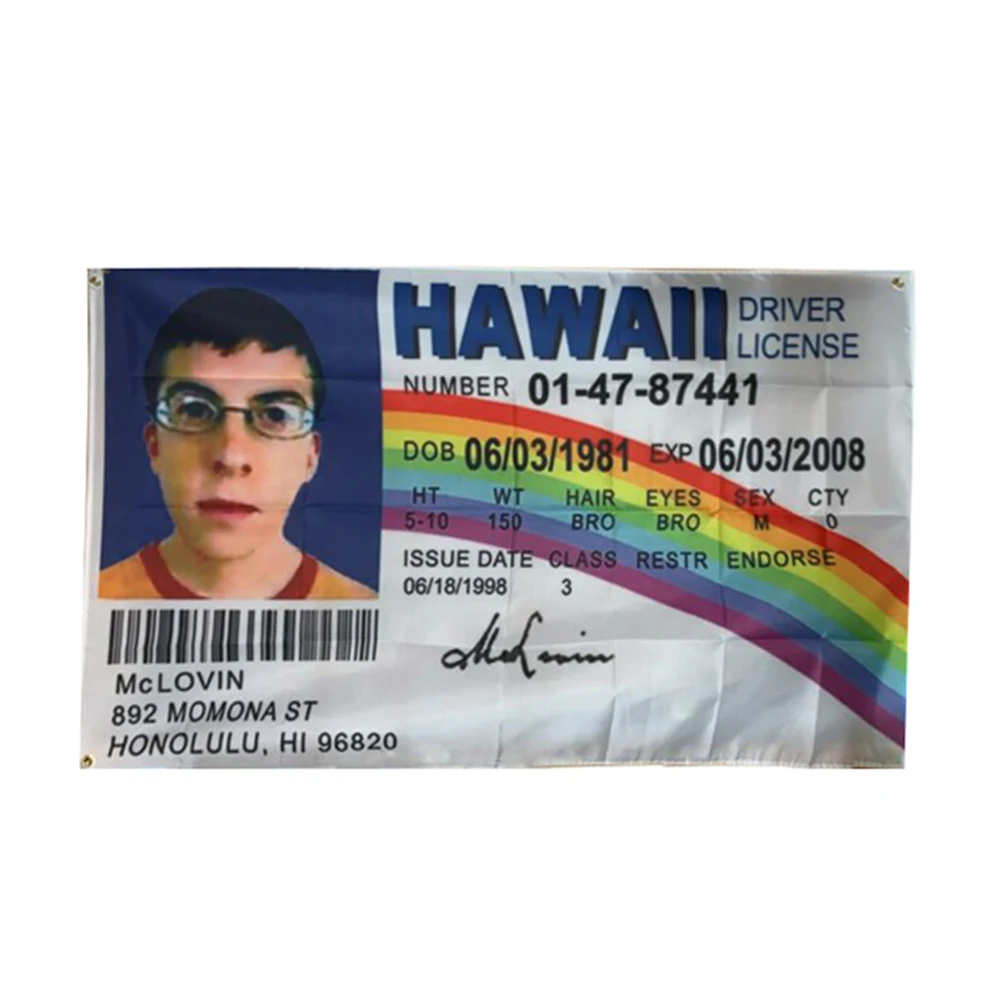 

Флаг McLovin, поддельный идентификатор водительского удостоверения, 90x150 см, 3x5 футов