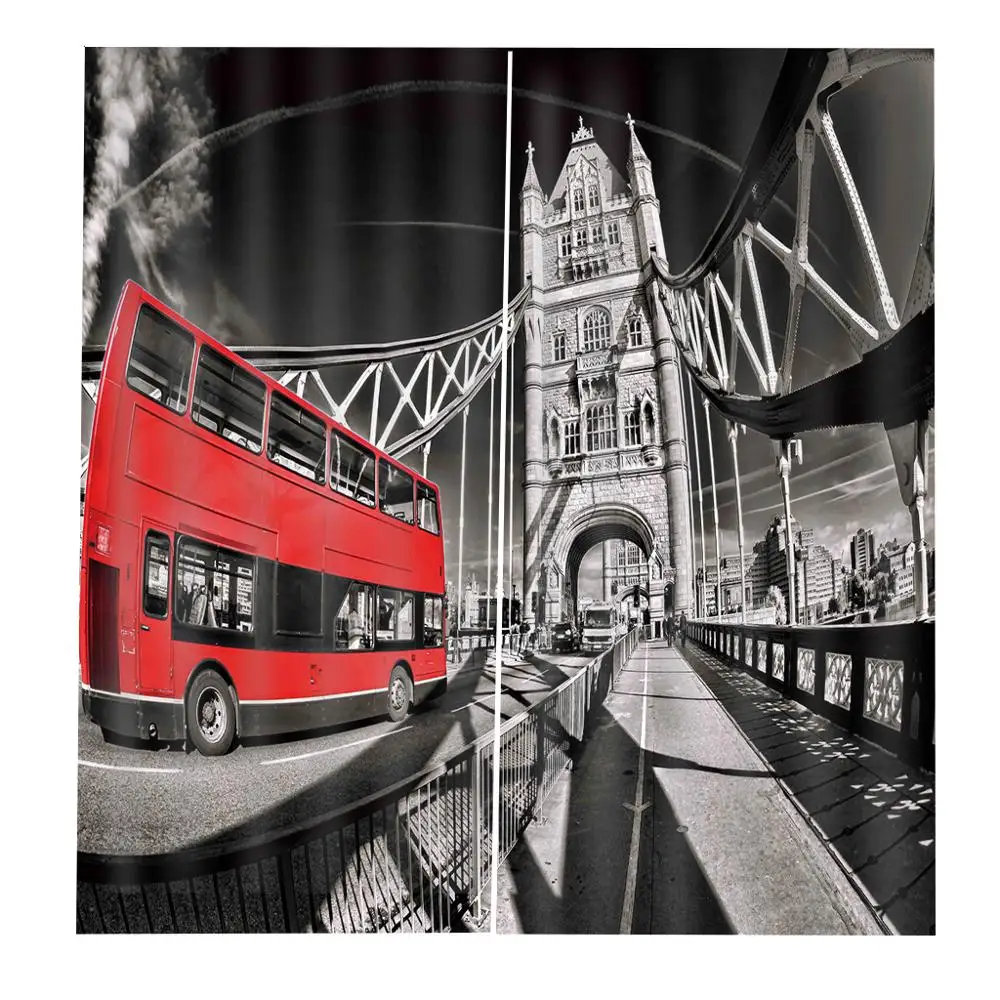 Городской пейзаж Фотофон с красным автобусом башней дорожным знаком занавеска