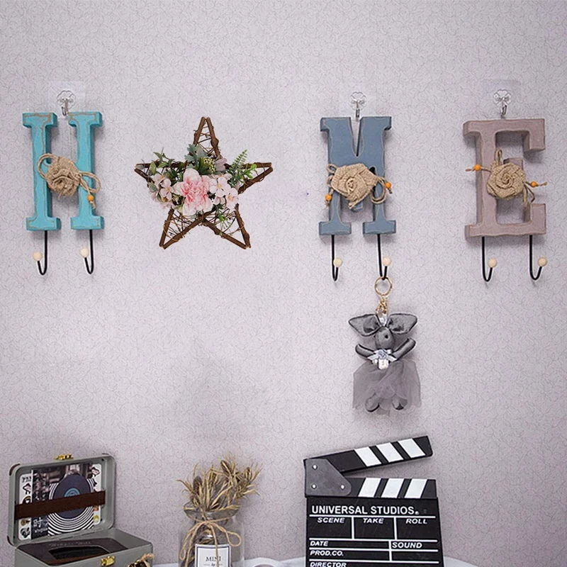 

12Inch Wreath Front Door Decoration, Star Shape Wreath with Camellia - Wood Pentagram Wreath Wall Door Hanging Wreath