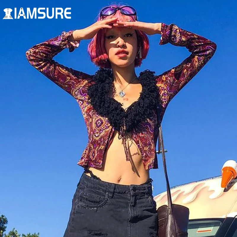 

IAMSURE Furry Collar Patchwork Cardigans Women 2021 Autumn Spring Tie Front Long Sleeve Tees Beach Holiday Paisley Printed Tops