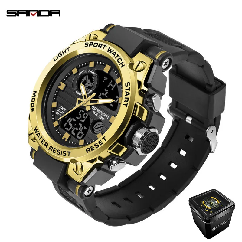 black gold(box) Sanda золотые мужские модные многофункциональные электронные уличные спортивные часы с двойным дисплеем водонепроницаемые светящиеся цифровые часы - Цвет: black gold(box)