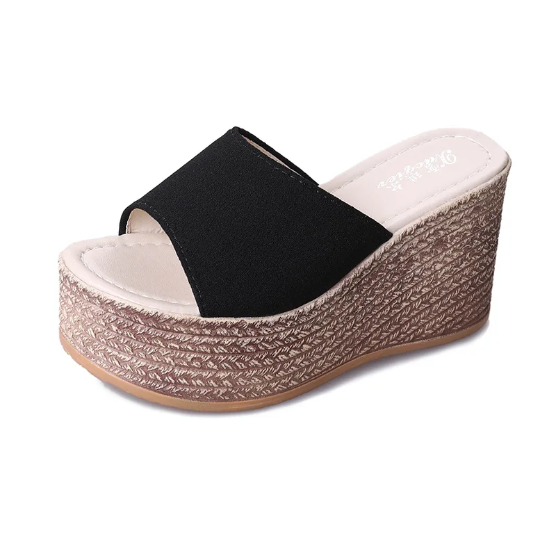 

On A Wedge House Slippers Platform Shoes Beige Heeled Sandals Slipers Women Low Slides Black Soft 2021 Summer Scandals Basic Rub