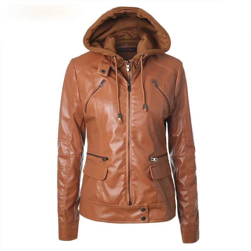 

Woman High Quality Leather Jacket Coat Gothic Motorbike PU Outerwear Hooded Zipper Pockets Faux Leather Fall Jacket for Women