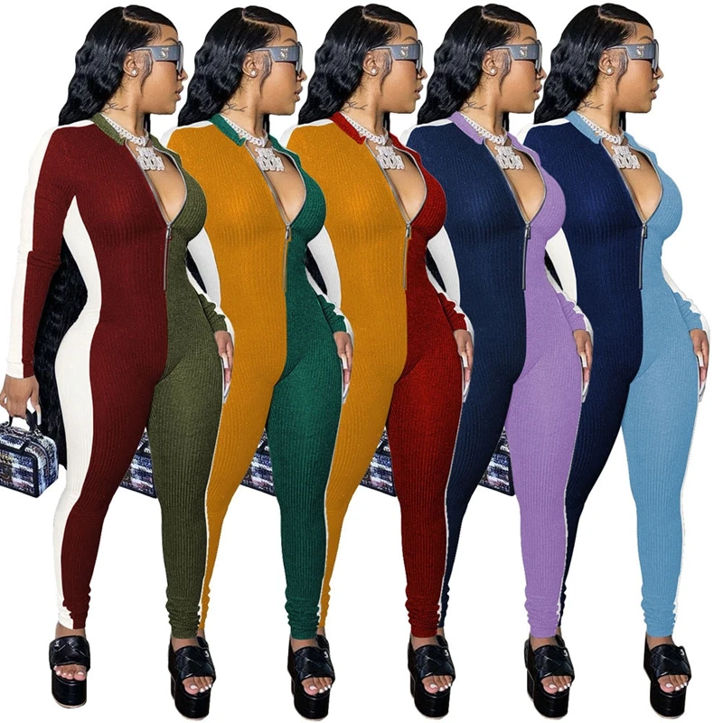 

ZKYZWX Sexy Patchwork Bodycon Jumpsuit Tracksuit for Women Spring Clothing Fashion Rib Zip Long Sleeve Streetwear Club Romper