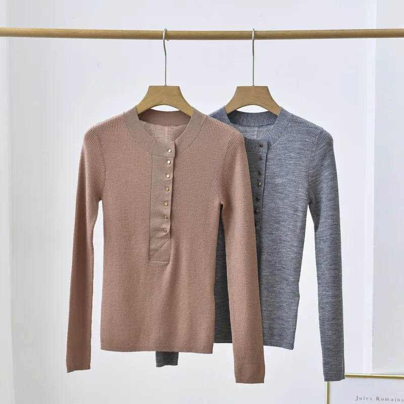 

Masigoch ребристый вязаный шерстяной свитер из 100% мериносовой шерсти с полупуговицами, Женский Теплый джемпер с круглым вырезом и длинным рука...