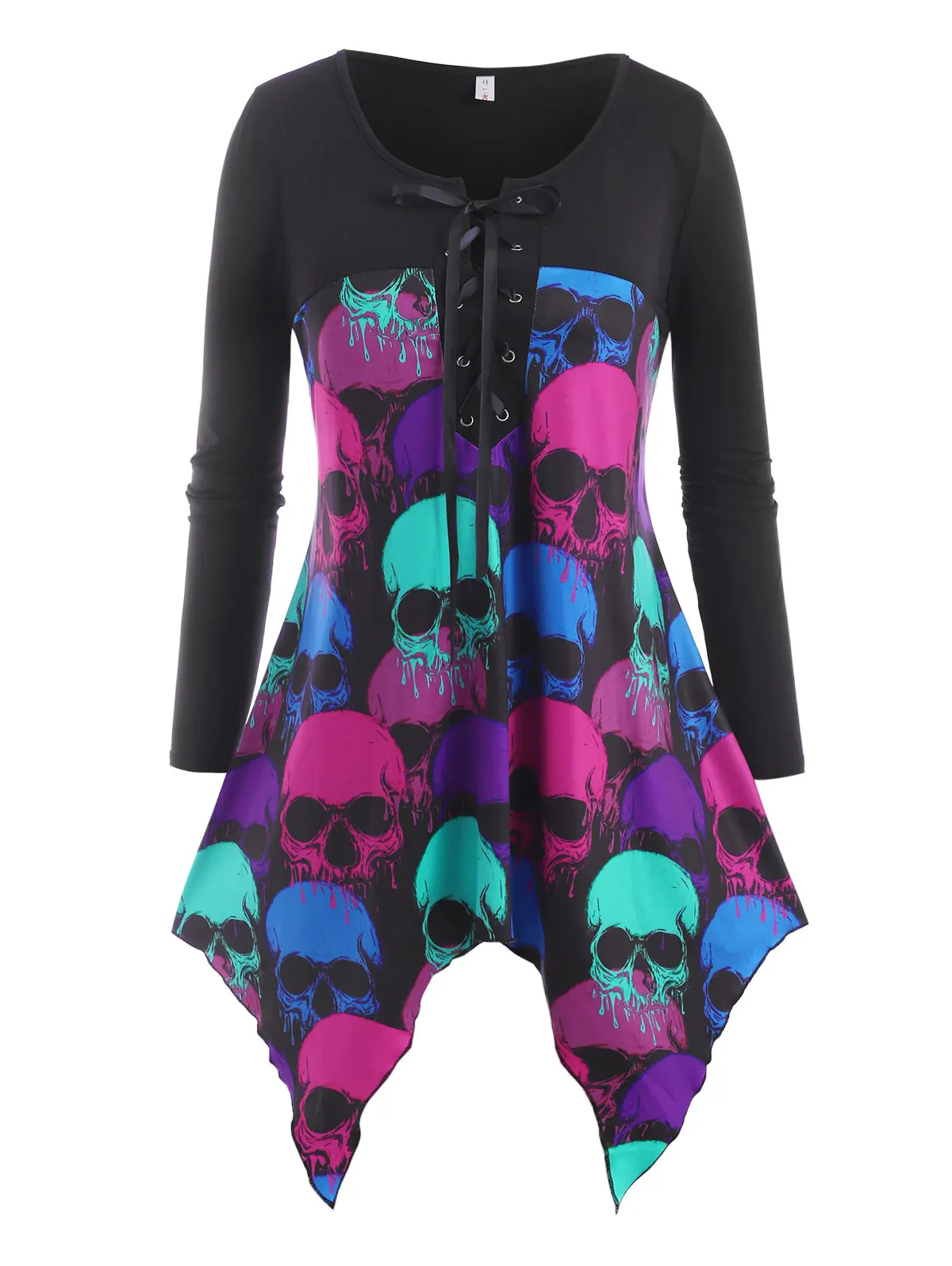 

Colorful Skull Lace Up Halloween Plus Size Top