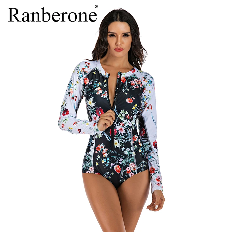 

Ranberone Surf Swimsuit Women Floral Print Long Sleeves Rash Guard Sport Suit Female One Piece Lady Swim Wear Beach 2020
