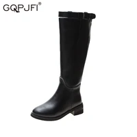 women knee high boots european style pu round head thick bottom thick heel women autumn shoes back zipper motorcycle knight boot