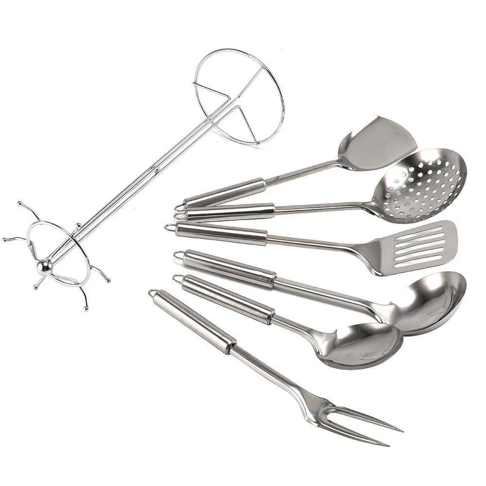 

7pcs/set Stainless Steel Utensil Gadget Handles Metal Cooking Tools Set With Storage Stand Kitchen Tools