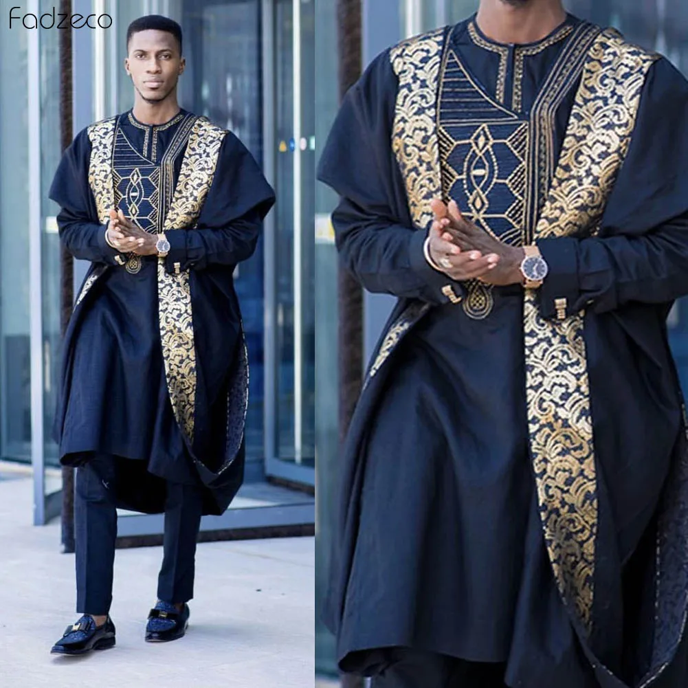 Fadzeco Agbada 2019 Мужская африканская 3 шт размера плюс Дашики вышивка Boubous топы