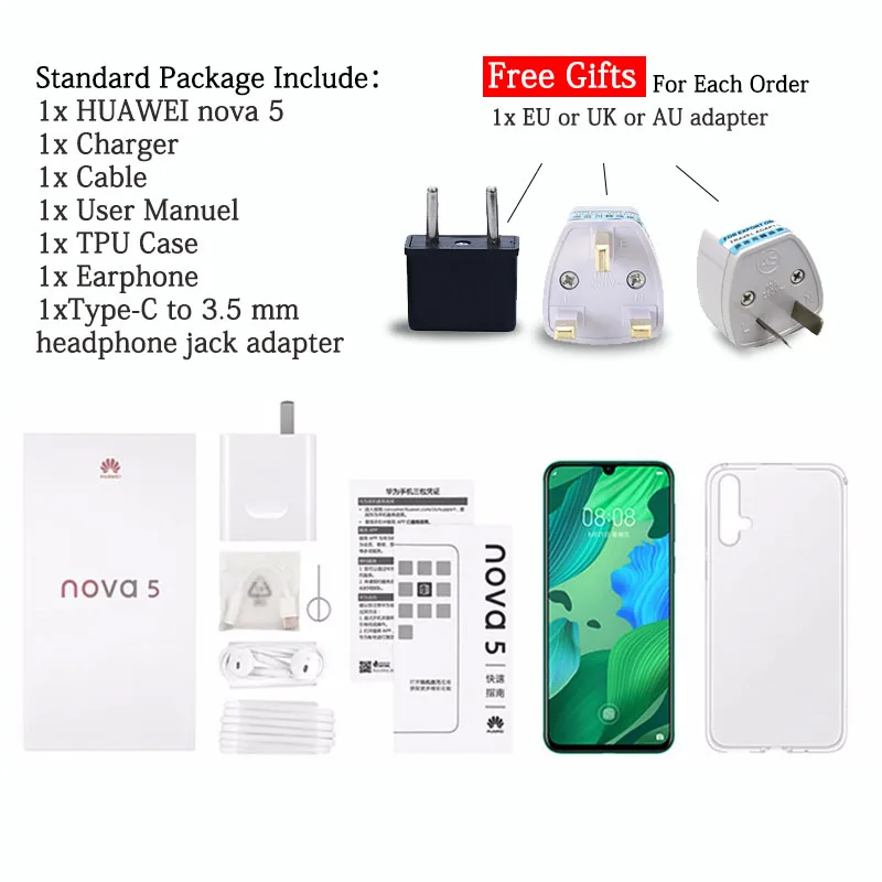6 39 дюймов Оригинальный HuaWei Nova 5 мобильный телефон Kirin 810 Восьмиядерный 8 ГБ 128 Android 9