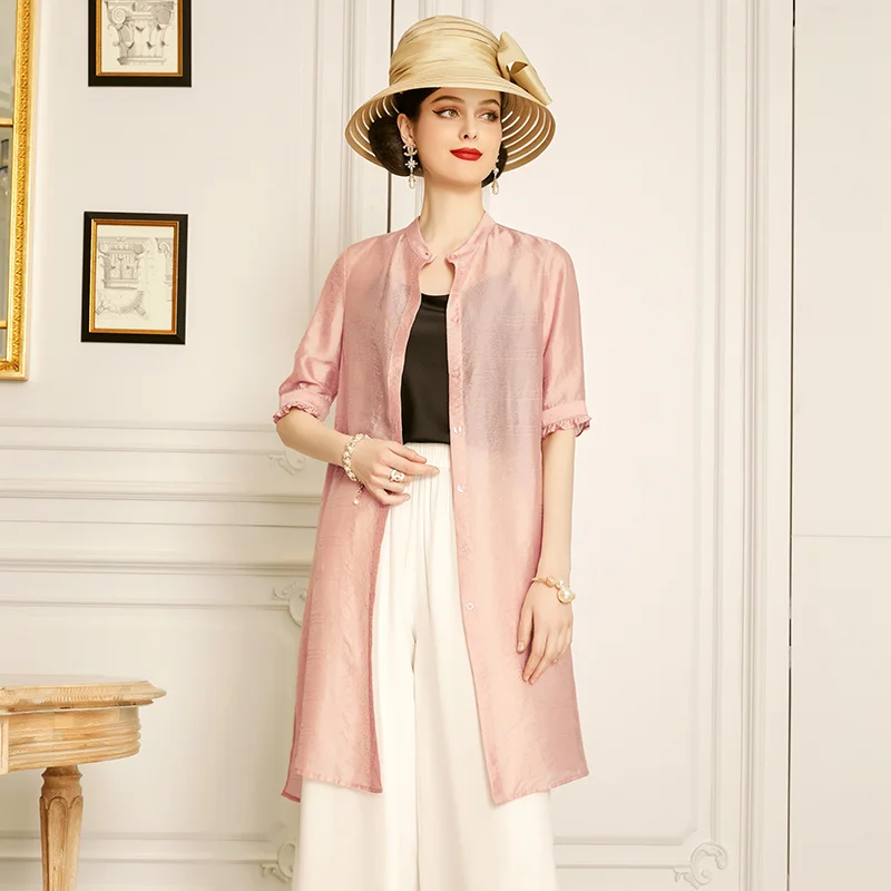 

SHZQ Pink Medium Long Thin Windbreaker Women's 2021 New Summer Foreign Style Thin and Versatile 5-sleeve Sunscreen Coat