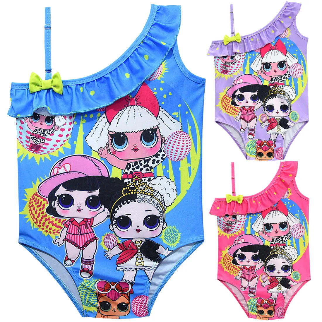 

Кукла Lol Surprise, новинка, летний детский купальник для девочек с героями мультфильмов, облегающий Купальник для девочек с косым плечом, платье-...