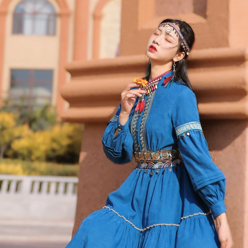 

TIYIHAILEY Free Shipping 2020 Vintage Women Long Maxi Full Lantern Sleeve Dress Autumn Spring Gorgeous Big Hem Blue Embroidery
