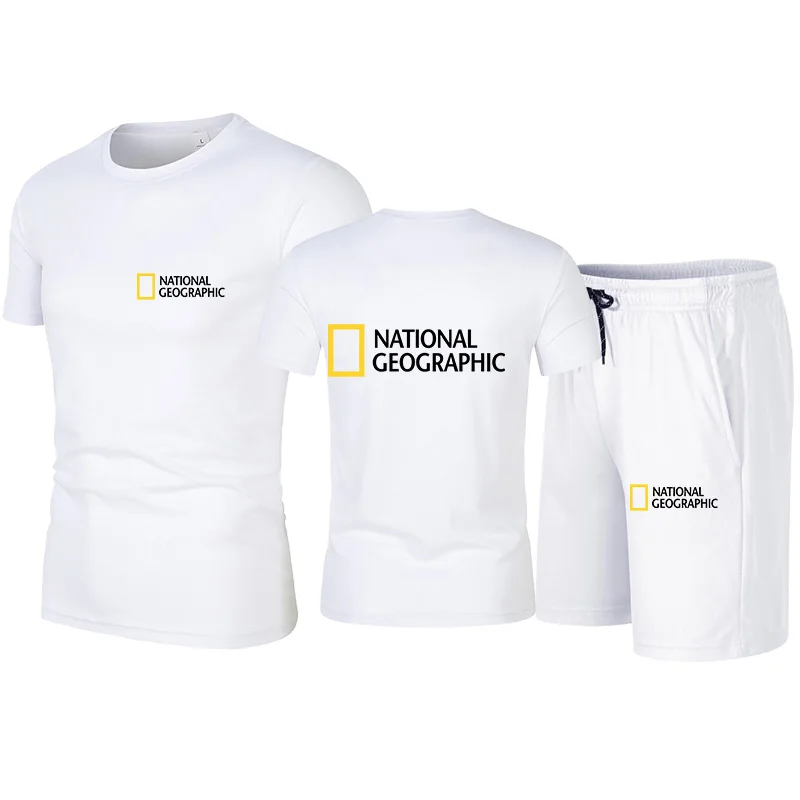 

2021 summer fashion and leisure National Geographic magazine men's suit track and field sports short-sleeved T-shirt 2-piece set