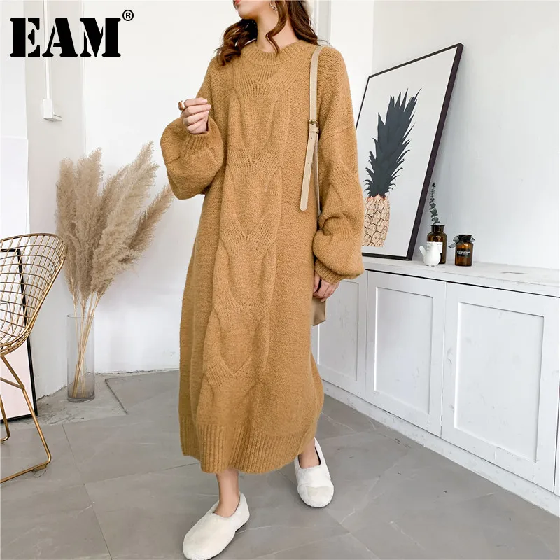 

[EAM] Women Camel Big Size Knitting Long Dress New Round Neck Long Sleeve Loose Fit Fashion Tide Autumn Winter 2021 1Y205