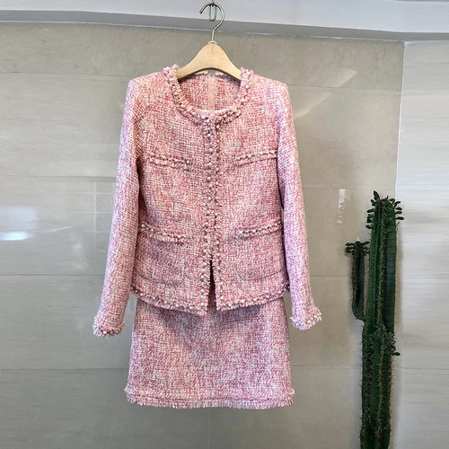 pink Зимний высококачественный брендовый дизайнерский комплект из 2 предметов, твидовый темперамент, женский шерстяной толстый кардиган с бусинами+ облегающая мини-юбка, комплект - Цвет: pink
