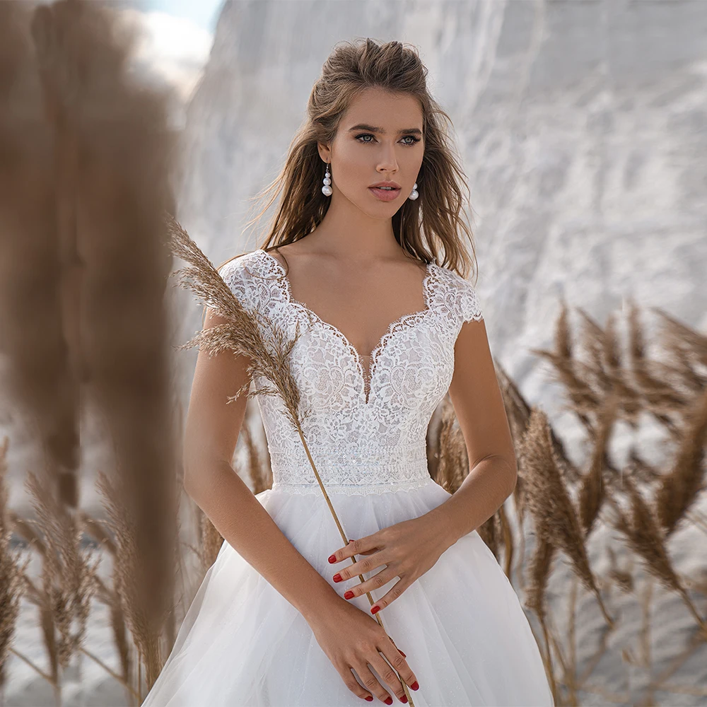 

Jiayigong Top Lace Wedding Dress Robe Marie Cap Sleeve V Neck Appliques A Line Bridal Gown Illusion Tulle Wedding Dresses