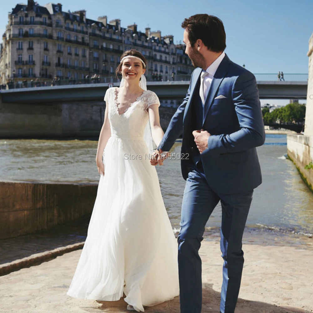 

Boho Wedding Dresses 2020 V-Neck Appliques Tulle Beach Wedding Gowns A-Line Cap Sleeve Bridal Dresses Custom made