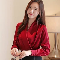 autumn korean fashion silk women blouses satin solid womens tops and blouses loose pink long sleeve women shirts