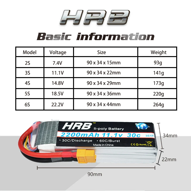 Аккумулятор HRB Lipo 2S 3S 4S 11 1 V 14 8 5S 6S 7 4 18 5 22 2 1500mAh 100C Высокая скорость XT60 для самолета